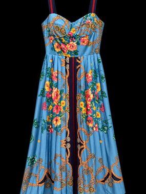 Dalia MacPhee Blue Floral Scarf Print Pleated Midi Dress Size Large